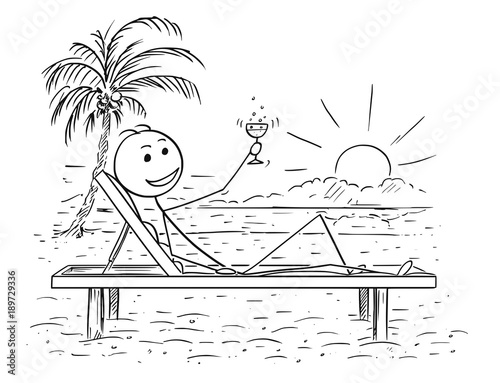 Cartoon stick man drawing conceptual illustration of successful man or traveler relaxing on the beach bed with glass of drink or wine. Concept of success or relax.