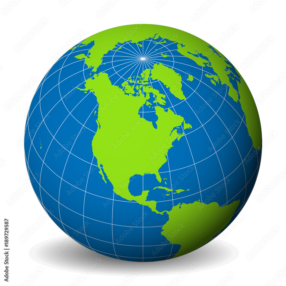 Earth globe with green world map and blue seas and oceans focused on North America. With thin white meridians and parallels. 3D vector illustration. Earth globe with green world map and blue seas and oceans focused on North America. With thin white meridians and parallels. 3D vector illustration.