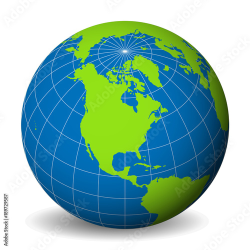 Earth globe with green world map and blue seas and oceans focused on North America. With thin white meridians and parallels. 3D vector illustration.