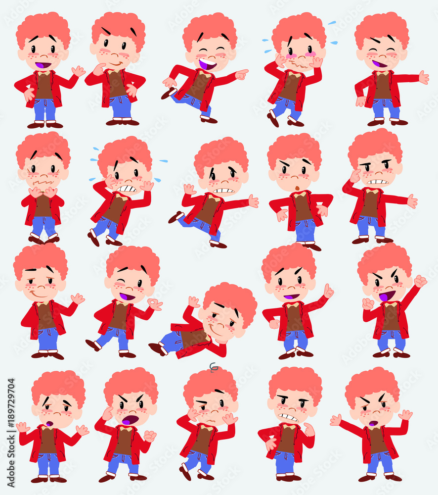 Cartoon character white boy in jeans. Set with different postures, attitudes and poses, doing different activities in isolated vector illustrations. Cartoon character white boy in jeans. Set with different postures, attitudes and poses, doing different activities in isolated vector illustrations.
