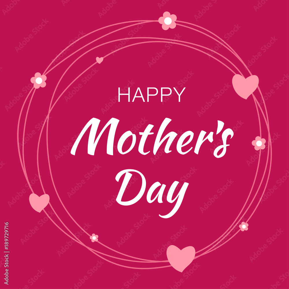 White Happy Mother's Day hand drawn typographic lettering with scribble circle isolated on red background with pink hearts and flowers. Vector Illustration of a Mother Day card.