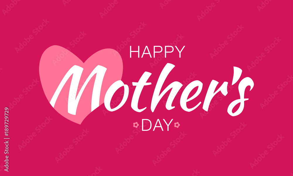 Mother's Day White Typographic Lettering isolated on red Background With Pink Heart and Flowers Illustration of a Mothers Day Card. Vector illustration.
