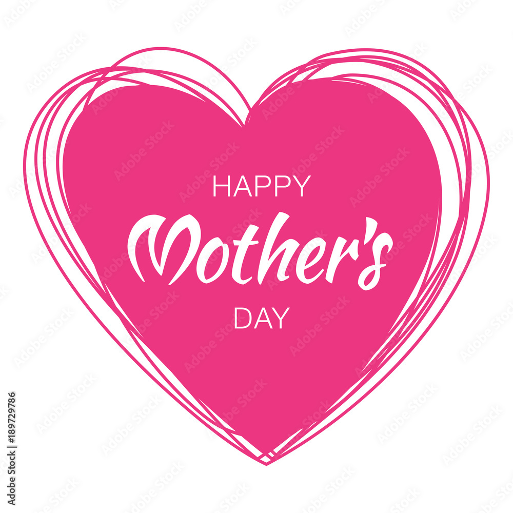 Mothers Day hand drawn typographic lettering with purple pink scribble heart isolated on white background. Vector Illustration of a Mother's Day card.