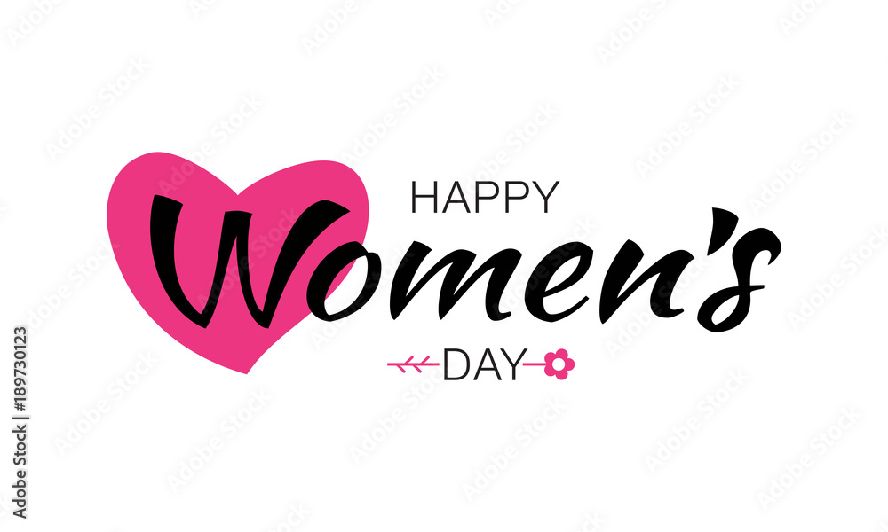 Happy Womens Day typographic lettering isolated on white background with pink heart flower. Vector Illustration of a Women's Day card.