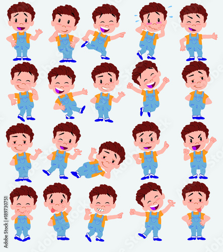 Cartoon character boy in jeans. Set with different postures, attitudes and poses, always in positive attitude, doing different activities in vector vector illustrations.