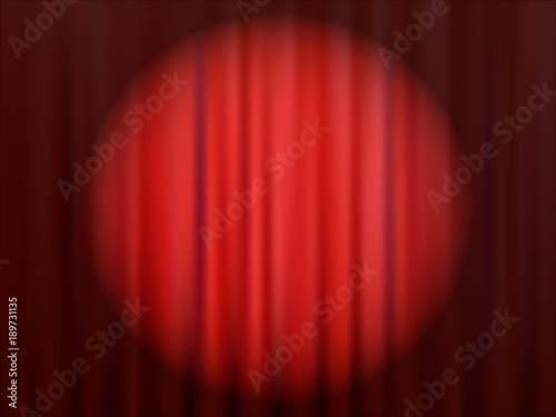 Red closed theater curtain with reflector spotlight circle. Abstract vector background.