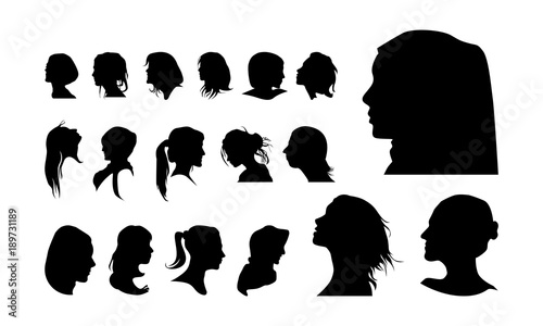 set of detailed Girl head avatar face silhouette vector illustration