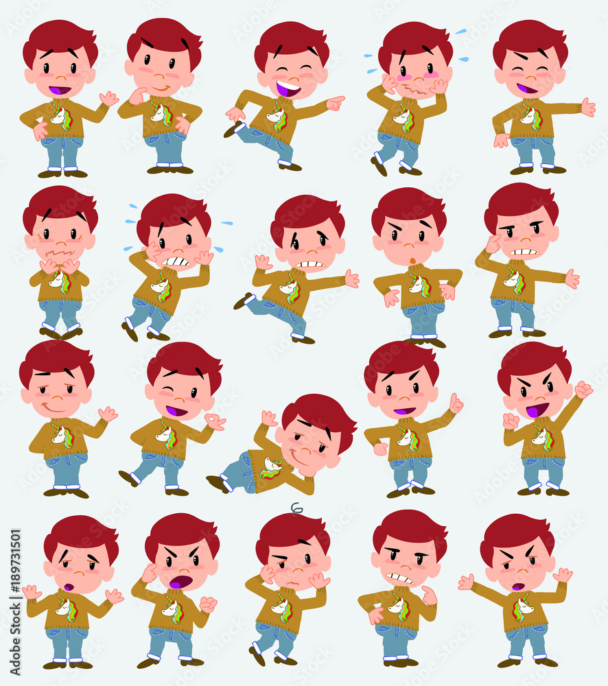 Cartoon character white boy with a unicorn pullover. Set with different postures, attitudes and poses, doing different activities in isolated vector illustrations. Cartoon character white boy with a unicorn pullover. Set with different postures, attitudes and poses, doing different activities in isolated vector illustrations.