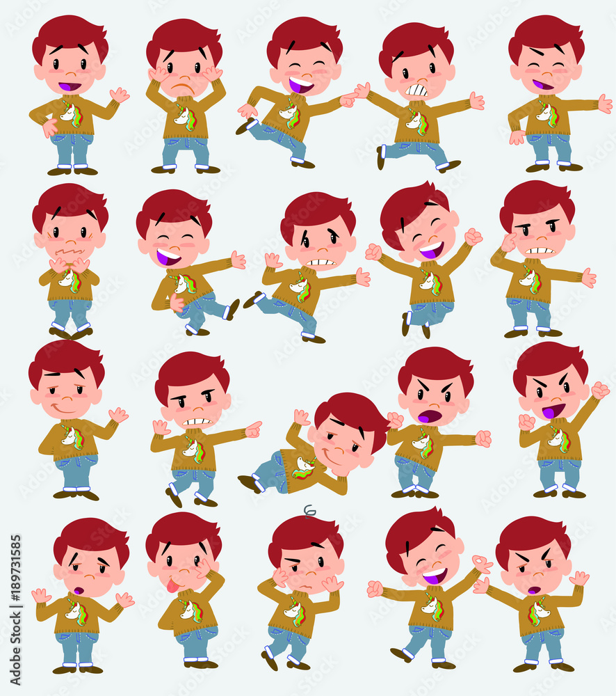 Cartoon character white boy with a unicorn pullover. Set with different postures, attitudes and poses, doing different activities in isolated vector illustrations. Cartoon character white boy with a unicorn pullover. Set with different postures, attitudes and poses, doing different activities in isolated vector illustrations.