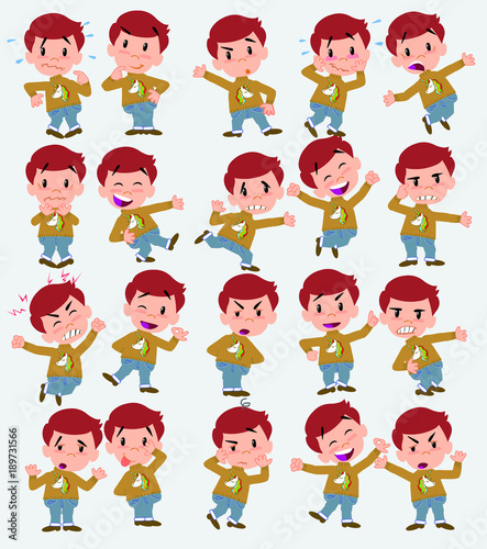 Cartoon character white boy with a unicorn pullover. Set with different postures  attitudes and poses  doing different activities in isolated vector illustrations.