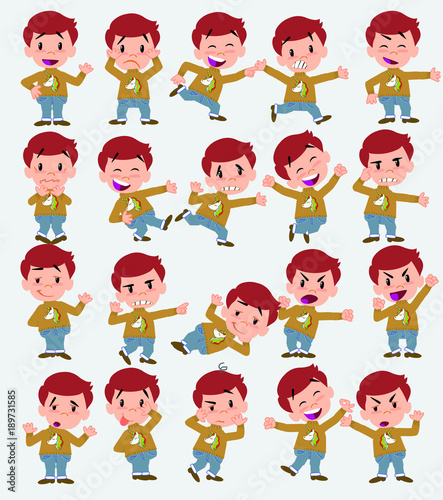 Cartoon character white boy with a unicorn pullover. Set with different postures  attitudes and poses  doing different activities in isolated vector illustrations.