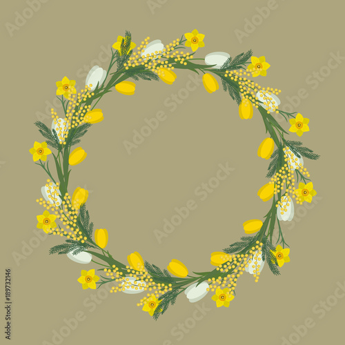 Floral round frame from spring flowers. Yellow and white flowers of tulips, daffodils and mimosa on a beige background. Greeting card template. It can be used as an design element in projects. Vector