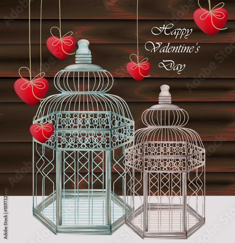 Bird cages Vector realistic. Happy valentine day card