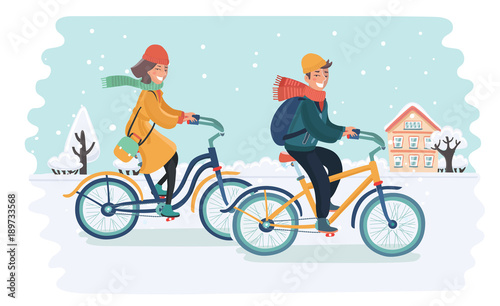 An attractive couple rides their fat bikes on a trail in the snow.