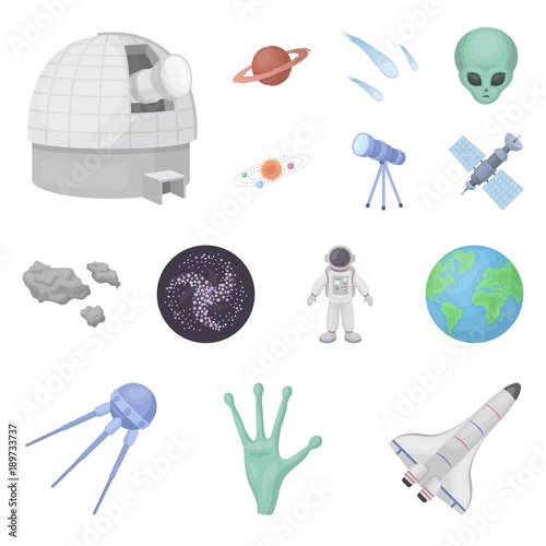 Space technology cartoon icons in set collection for design.Spacecraft and equipment vector symbol stock web illustration.