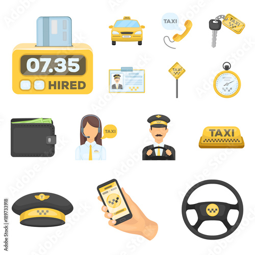 Taxi service cartoon icons in set collection for design. Taxi driver and transport vector symbol stock web illustration.