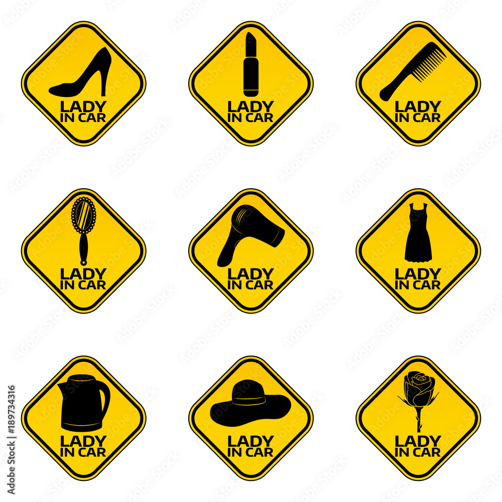 Set of woman car driver stickers. Female in automobile warning sign. Set of woman car driver stickers. Female in automobile warning sign.