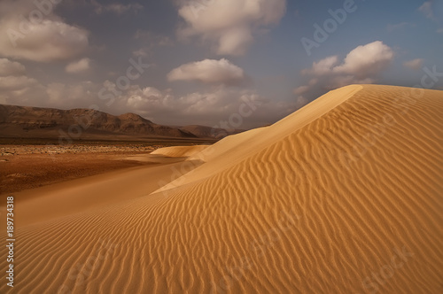 A golden big sand barchan with beautiful tektursura in the sun and mountains on the horizon. beautiful wild natural appearance.  