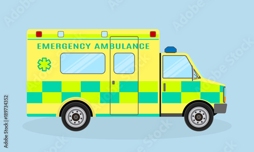 Ambulance vehicle. Emergency medical service car, side view. Paramedics hospital transport with health symbol.