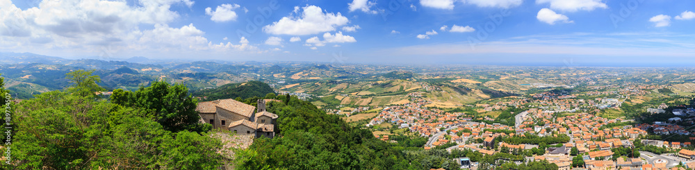 Beautiful aerial panorama of San Marino from Monte Titano Mountain.