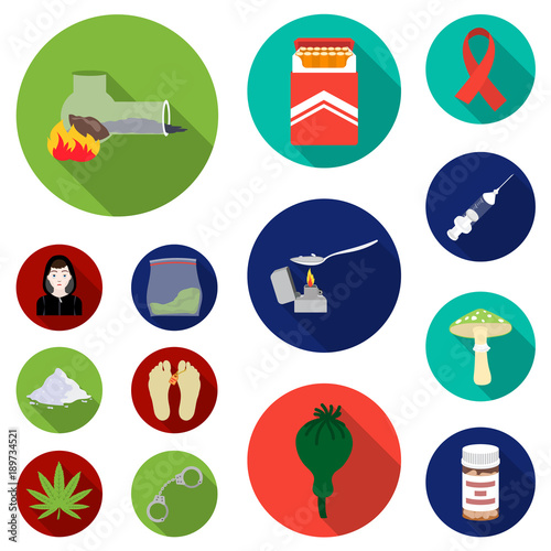 Drug addiction and attributes flat icons in set collection for design. Addict and Drug vector symbol stock web illustration.