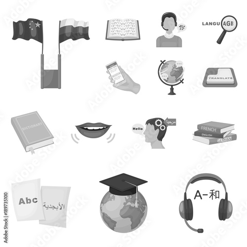 Translator and linguist monochrome icons in set collection for design. Interpreter vector symbol stock web illustration.