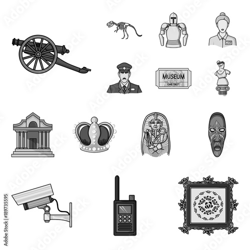 Museum and gallery monochrome icons in set collection for design. Storage and exhibition of showpiece vector symbol stock web illustration.