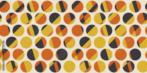 Color dots. Geometric circle seamless pattern vector illustration in retro 60s style. Vintage 1970s abstract motif in hot orange and yellow colors for carpet, wrapping paper, fabric, background..