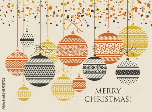 Geometric xmas bauble pattern vector illustration in retro 60s style. Vintage 1970s Christmas balls abstract motif in hot orange and yellow colors fo invitation, header, poster, cover.