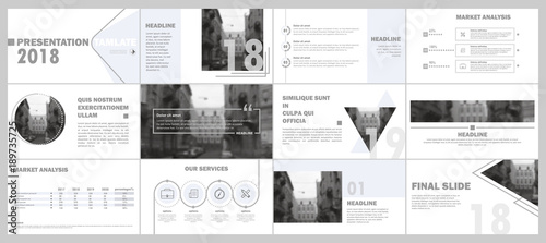 Abstract white, gray presentation slides. Modern brochure cover design. Fancy info banner frame. Creative infographic elements set. Urban city font. Vector title sheet model. Ad flyer style template