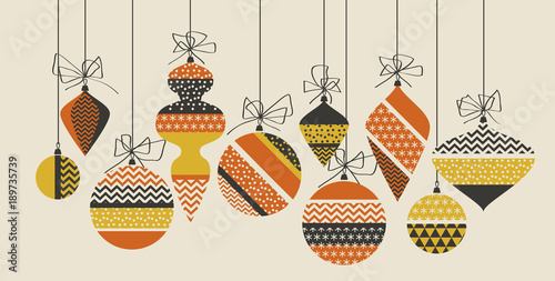 Geometric xmas bauble pattern vector illustration in retro 60s style. Vintage 1970s Christmas balls abstract motif in hot orange and yellow colors fo invitation, header, poster, cover. .