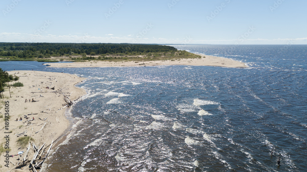 Gauja river Latvia drain into Baltic Sea aerial drone top view