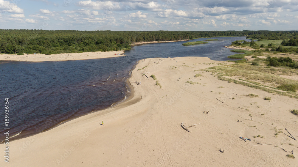 Gauja river Latvia drain into Baltic Sea aerial drone top view Gauja river Latvia drain into Baltic Sea aerial drone top view