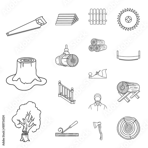 Sawmill and Timber outline icons in set collection for design. Hardware and Tools vector symbol stock web illustration.