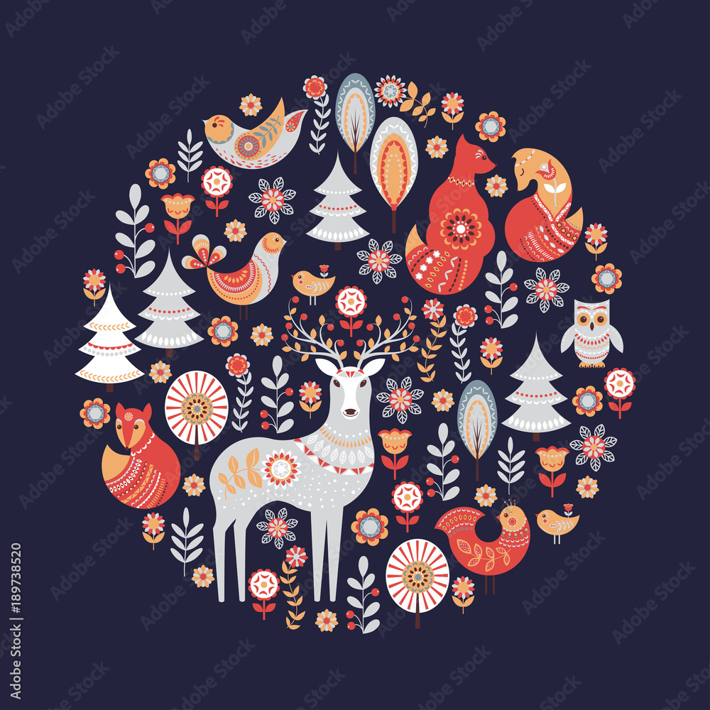 Fototapeta Dekoracyjny okrągły ornament ze zwierzętami, ptakami, kwiatami i drzewami.