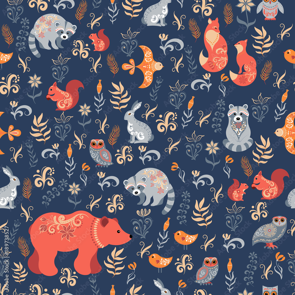 Fairy-tale forest. Fox, bear, raccoon, owls, rabbits, flowers and herbs on a blue background. Fairy-tale forest. Fox, bear, raccoon, owls, rabbits, flowers and herbs on a blue background.