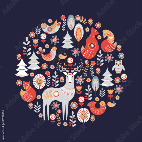 Fototapeta Decorative circular ornament with animals, birds, flowers and trees