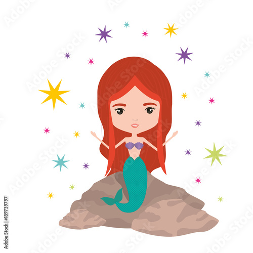 mermaid in a rock with colorful sparkles and stars on white background vector illustration