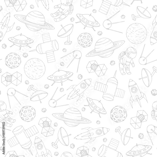 Hand drawn vector seamless pattern with cosmonauts, satelites, rockets, planets, moon, falling stars and UFO contours. Cosmic background for education and science portals.