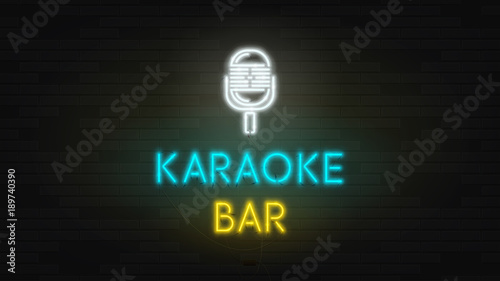 Dark Web banner with neon sign of karaoke bar. Modern neon color bilboard on brick wall. Concept of advertising for musical cafe with glowing text.