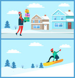Man with Gifts and Snowboarder Vector Illustration