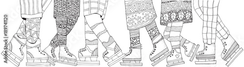 Winter boys and girls on skates. Adult Coloring book page. Vertical pattern for coloring book with legs. Scandinavian. Black and white.