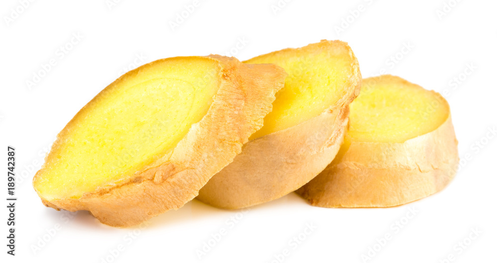 fresh sliced ginger isolated on white background fresh sliced ginger isolated on white background