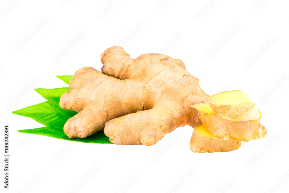 Root of ginger with leaves isolated on white background Root of ginger with leaves isolated on white background