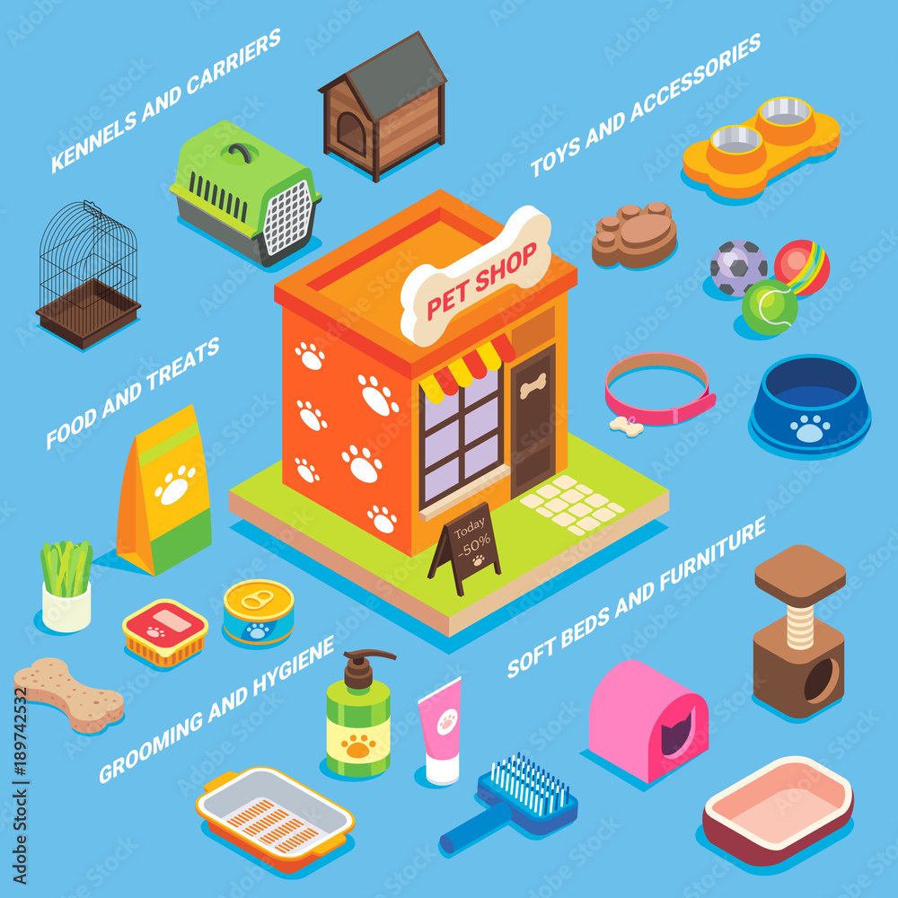 Pet store vector flat isometric icon set