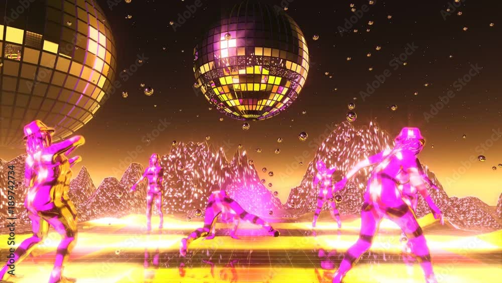 Beautiful girls dancing and moving on the neon dance planet. Loopable.