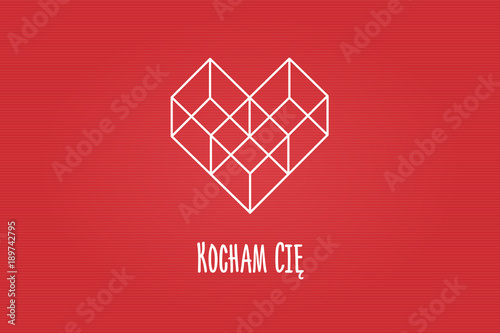 Serce złożone z figur geometrycznych, trzech sześcianów na czerwonym tle z napisem „Kocham Cię”