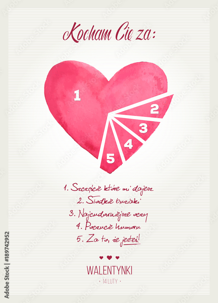 Podzielone serce na kawałki z napisem „Kocham Cię za…” z okazji Walentynek - obrazy, fototapety, plakaty 