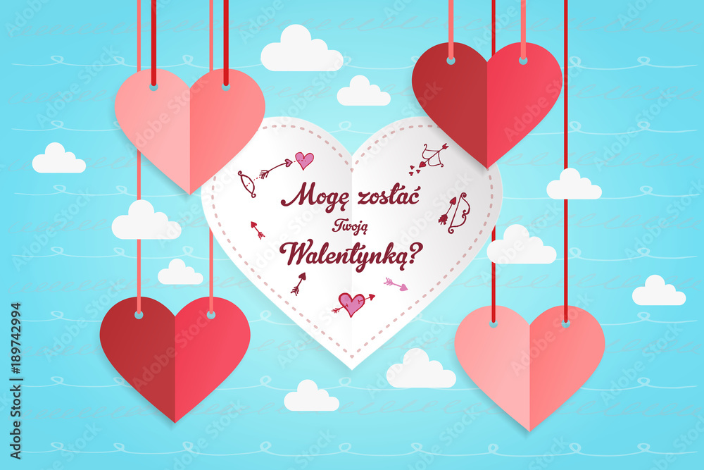 Karteczki w kształcie serca z dedykacją dla chłopaka z napisem „Mogę zostać Twoją Walentynką?” - obrazy, fototapety, plakaty 