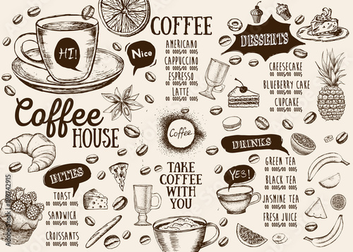Coffee house menu. Restaurant cafe menu, template design. Food flyer.